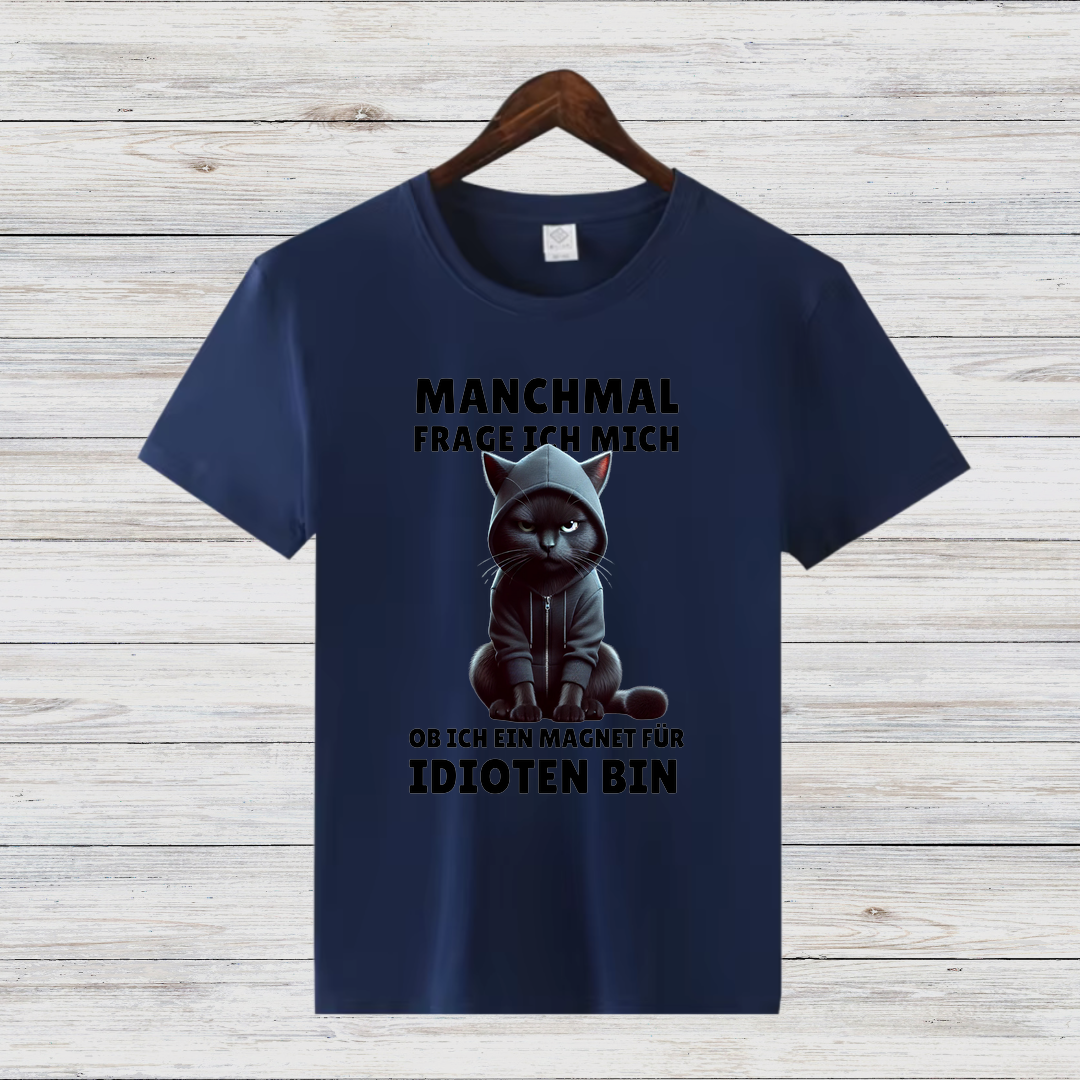 Magnet für Idioten | Lustiges Katzen T-Shirt | Statement Shirt mit schwarzer Katze | Humorvolles Geschenk für Sarkasmus-Fans