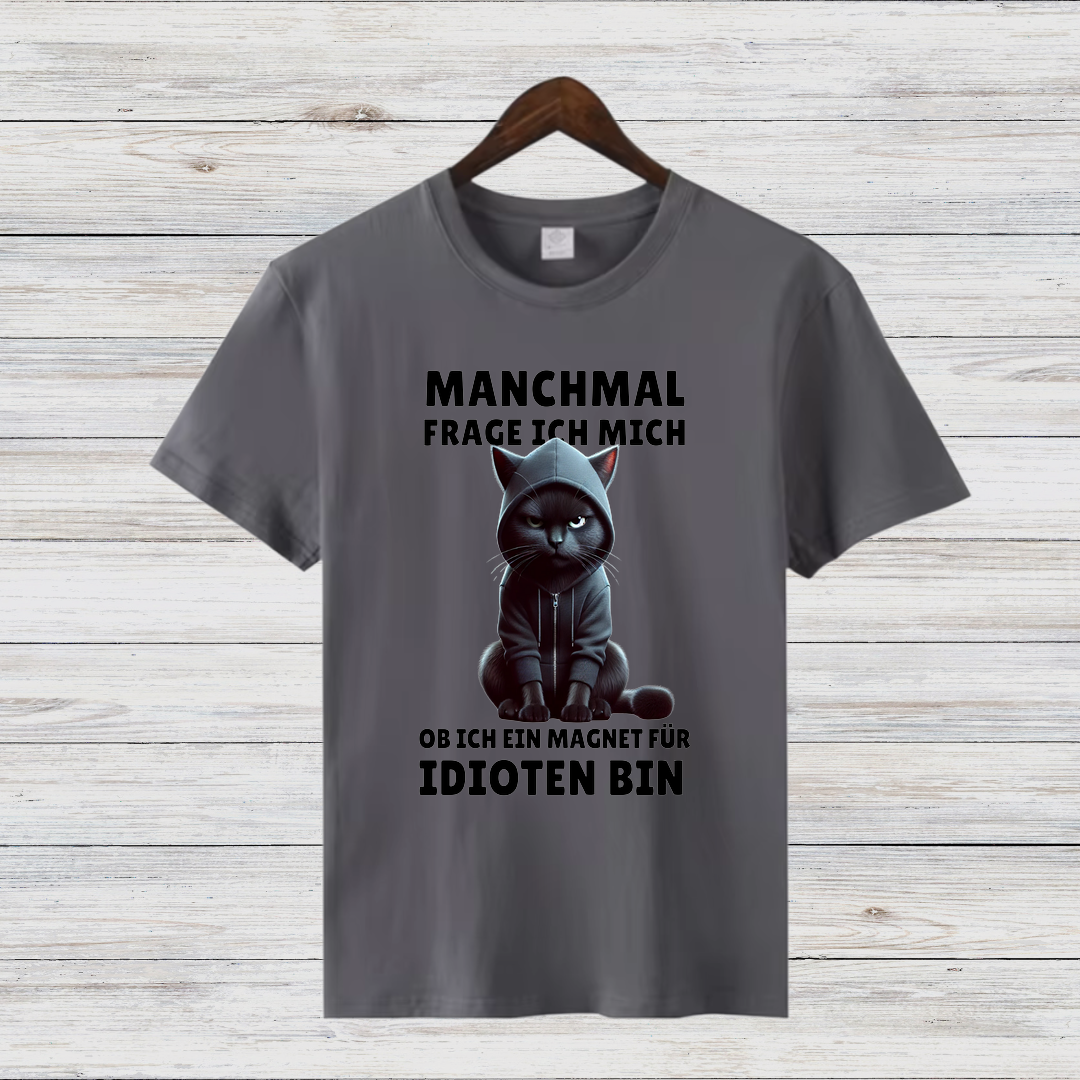 Magnet für Idioten | Lustiges Katzen T-Shirt | Statement Shirt mit schwarzer Katze | Humorvolles Geschenk für Sarkasmus-Fans