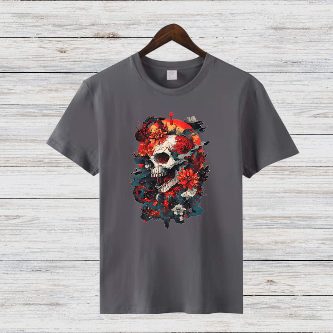 Totenkopf Blumen Shirt | Gothic Style T-Shirt | Skull Design Fashion | Auffälliges Streetwear Shirt | Geschenk für Rock & Metal Fans