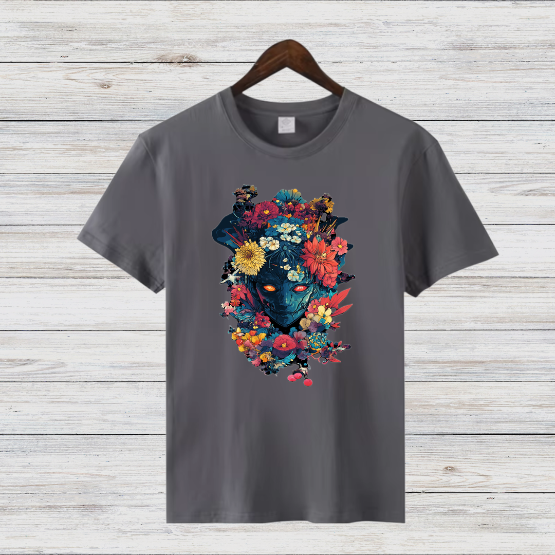 Mystischer Blumenkrieger | Künstlerisches T-Shirt | Fantasievolles Design | Stilvolles Statement-Shirt für Kreative