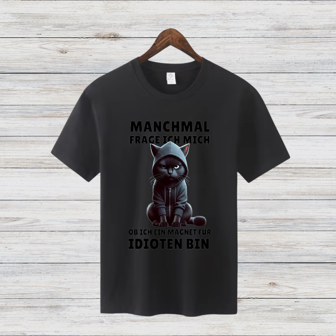 Magnet für Idioten | Lustiges Katzen T-Shirt | Statement Shirt mit schwarzer Katze | Humorvolles Geschenk für Sarkasmus-Fans