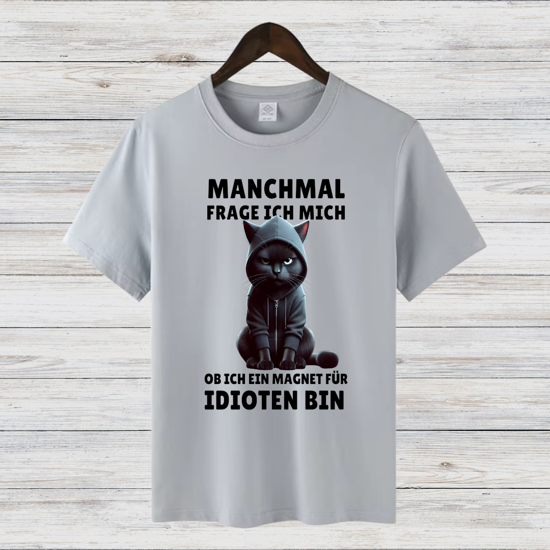 Magnet für Idioten | Lustiges Katzen T-Shirt | Statement Shirt mit schwarzer Katze | Humorvolles Geschenk für Sarkasmus-Fans