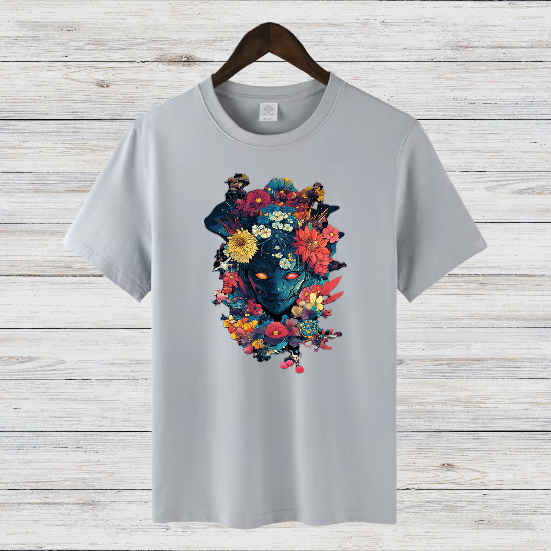 Mystischer Blumenkrieger | Künstlerisches T-Shirt | Fantasievolles Design | Stilvolles Statement-Shirt für Kreative