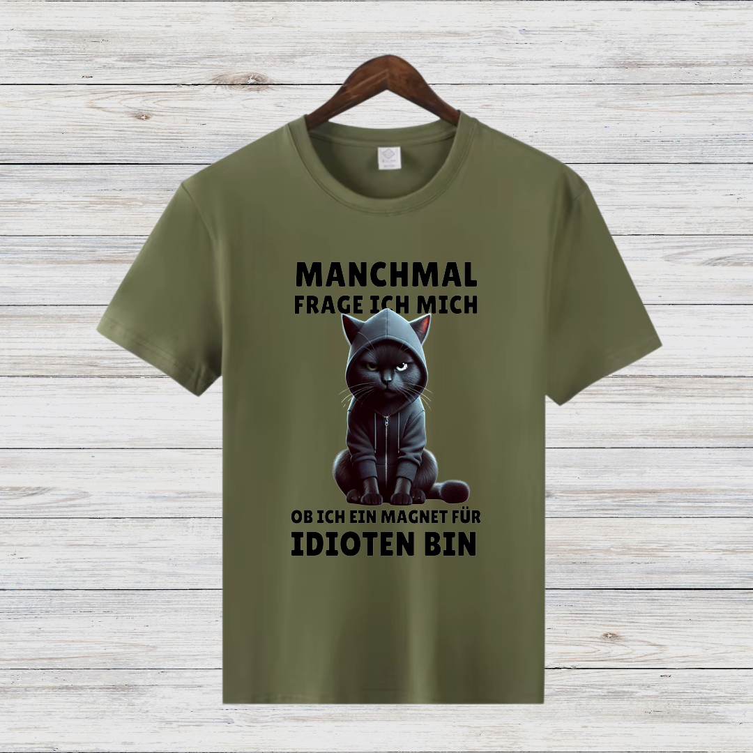 Magnet für Idioten | Lustiges Katzen T-Shirt | Statement Shirt mit schwarzer Katze | Humorvolles Geschenk für Sarkasmus-Fans
