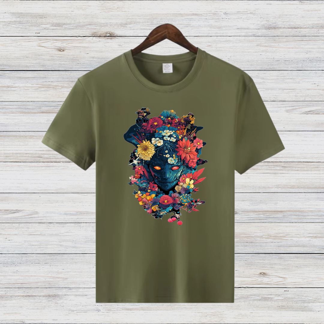 Mystischer Blumenkrieger | Künstlerisches T-Shirt | Fantasievolles Design | Stilvolles Statement-Shirt für Kreative