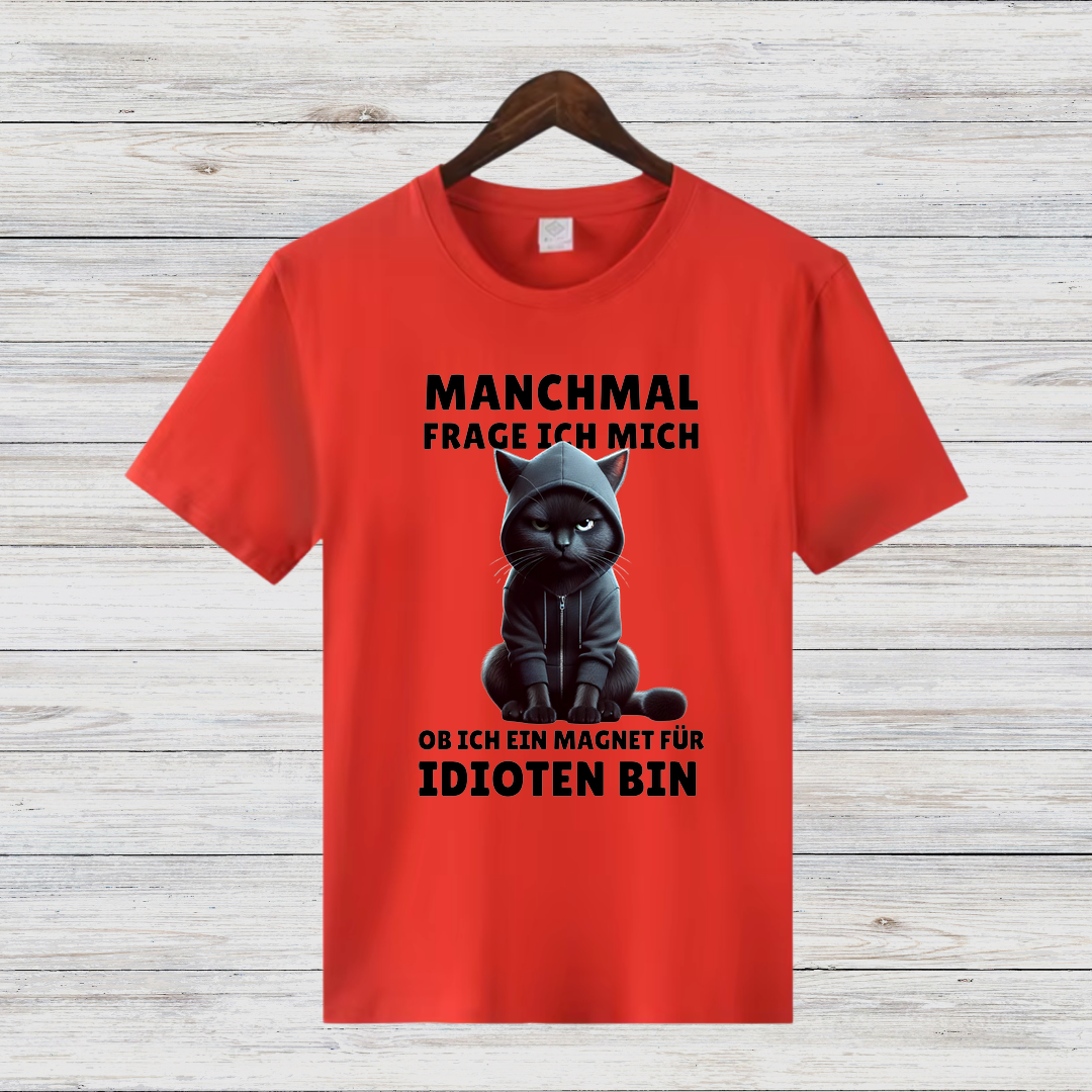 Magnet für Idioten | Lustiges Katzen T-Shirt | Statement Shirt mit schwarzer Katze | Humorvolles Geschenk für Sarkasmus-Fans