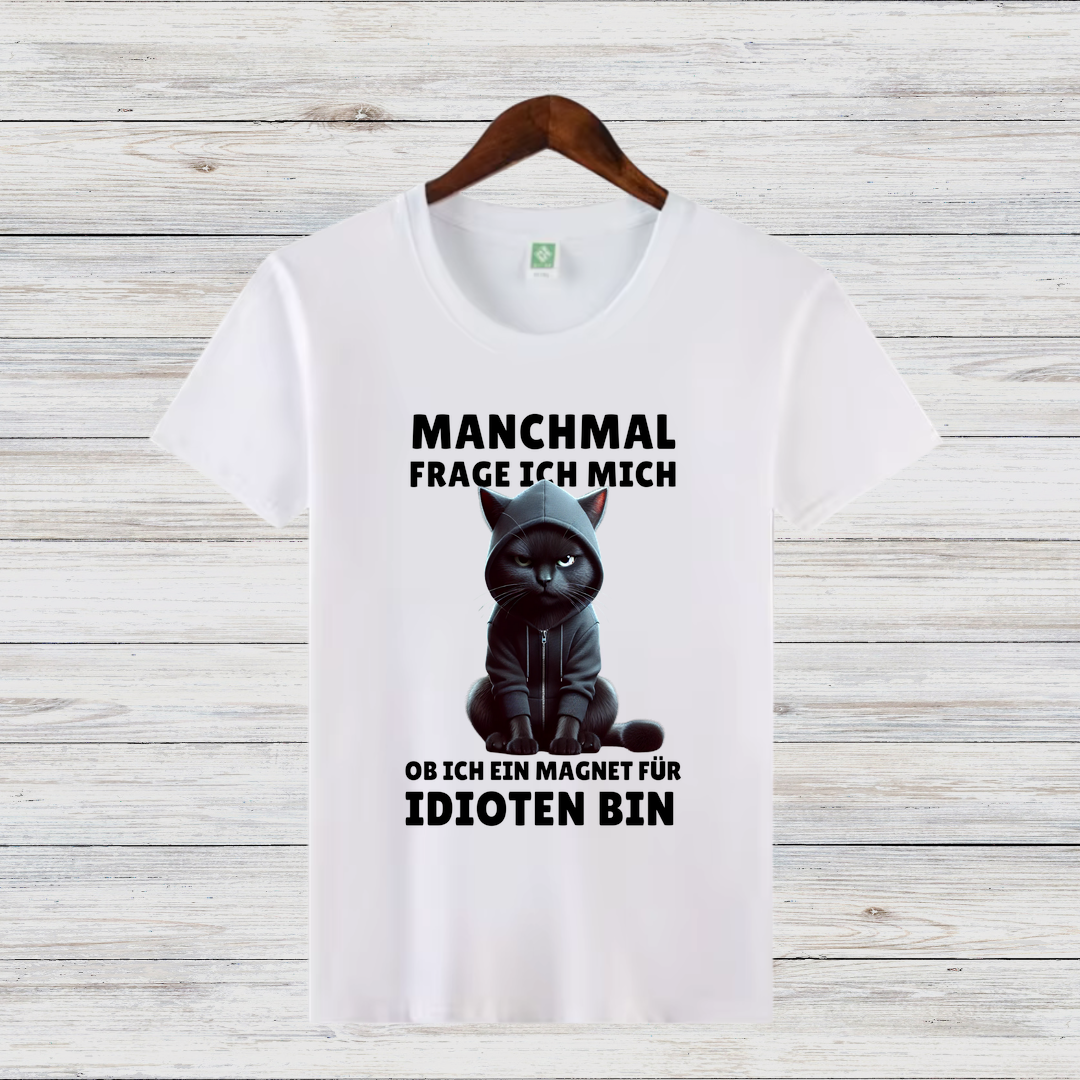 Magnet für Idioten | Lustiges Katzen T-Shirt | Statement Shirt mit schwarzer Katze | Humorvolles Geschenk für Sarkasmus-Fans