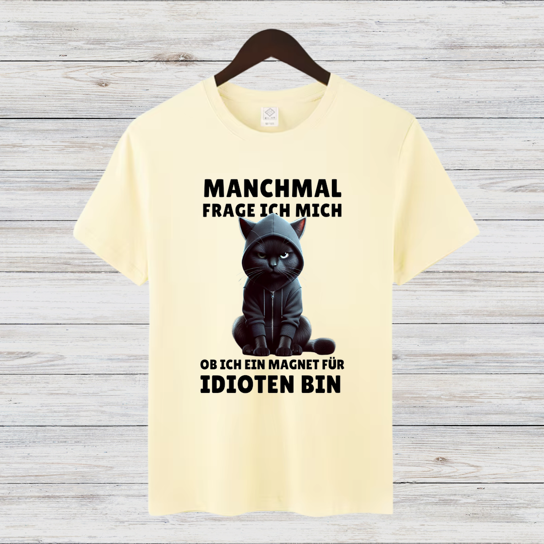 Magnet für Idioten | Lustiges Katzen T-Shirt | Statement Shirt mit schwarzer Katze | Humorvolles Geschenk für Sarkasmus-Fans