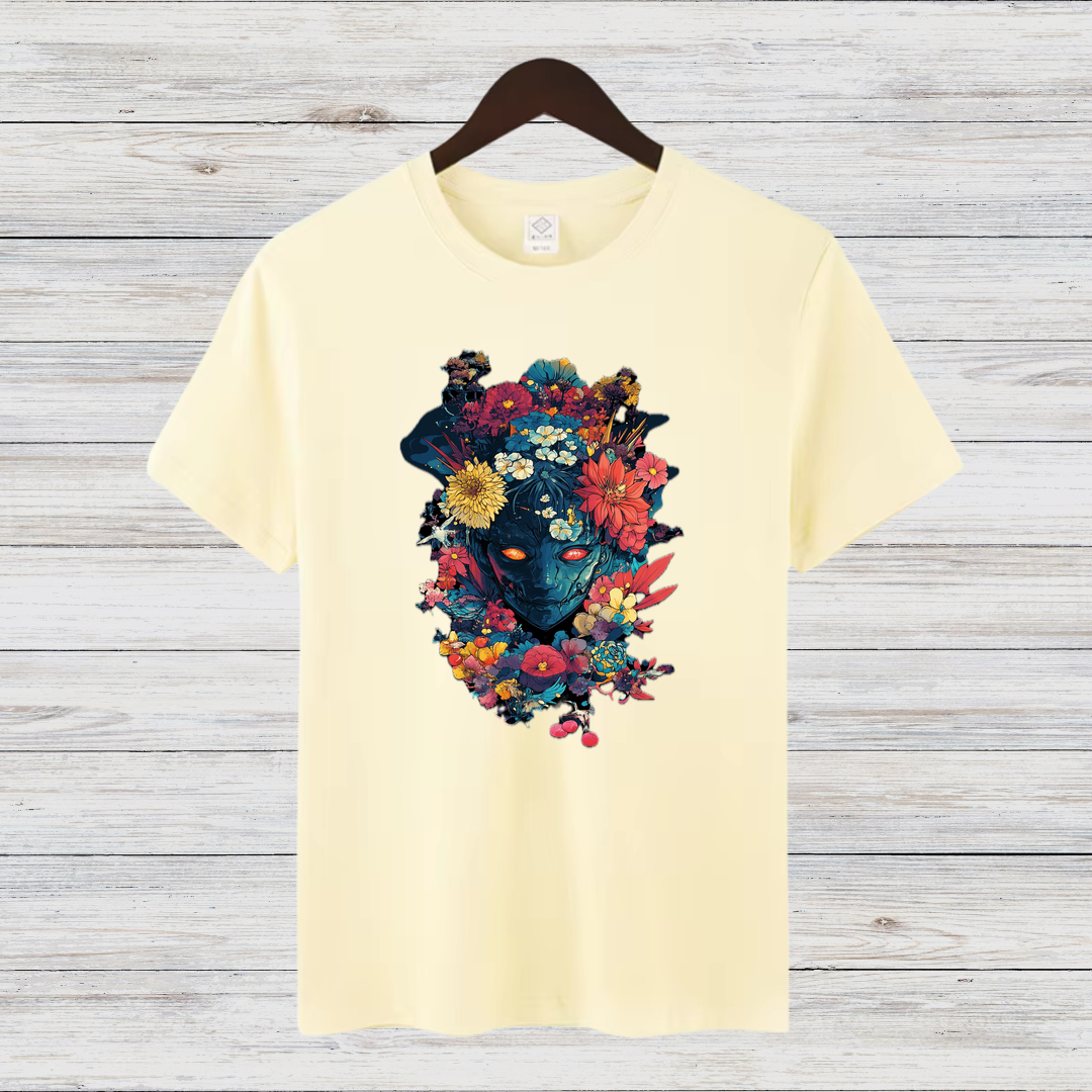 Mystischer Blumenkrieger | Künstlerisches T-Shirt | Fantasievolles Design | Stilvolles Statement-Shirt für Kreative