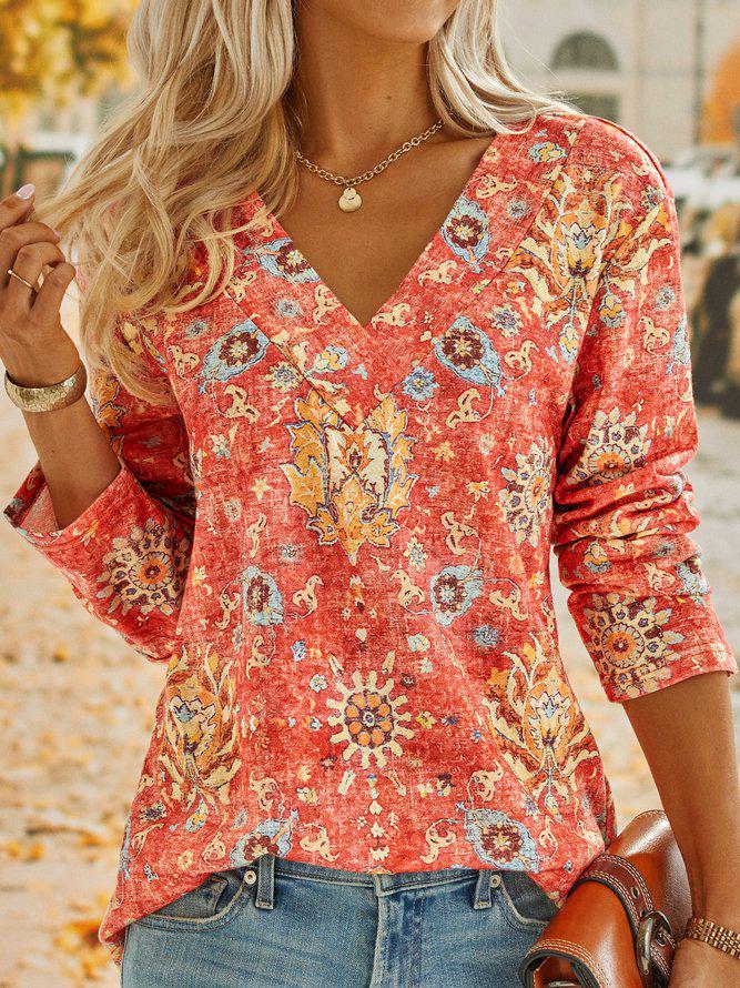 SpringStil® - Boho zomerbloem rode top met V-hals