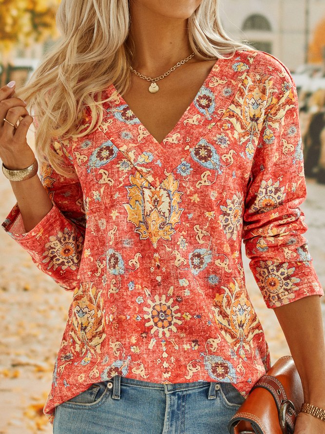 FallStil® - Boho zomerbloem rode top met V-hals