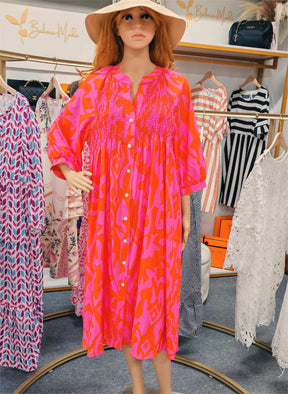 PureWear® - Roze en oranje midi-jurk met ruches en knopen