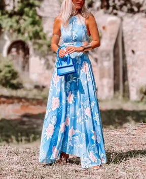 Purewear®- Blauwe halter maxi-jurk met print