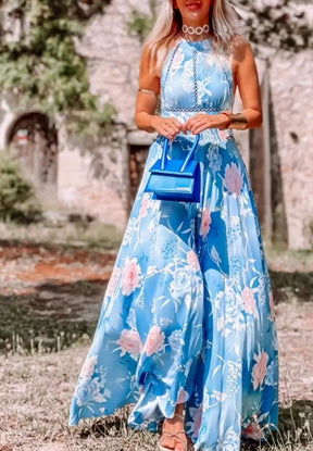 Purewear®- Blauwe halter maxi-jurk met print