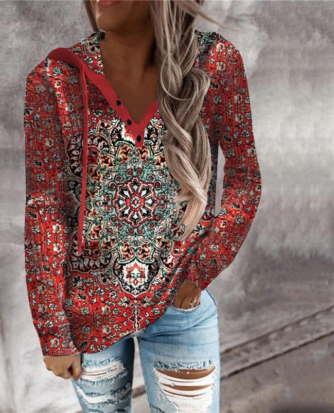 FallStil® - Rood Henley-sweatshirt met capuchon en lange mouwen met mandala-print