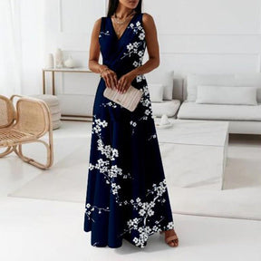 FallStil® - Marineblauwe mouwloze maxi-jurk met bloemenprint