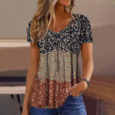 FallStil® - Hippie gestreepte mini-top met bloemenprint en korte mouwen