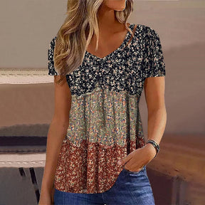 BlossomBliss® - Hippie gestreepte mini-bloemenprint top met korte mouwen