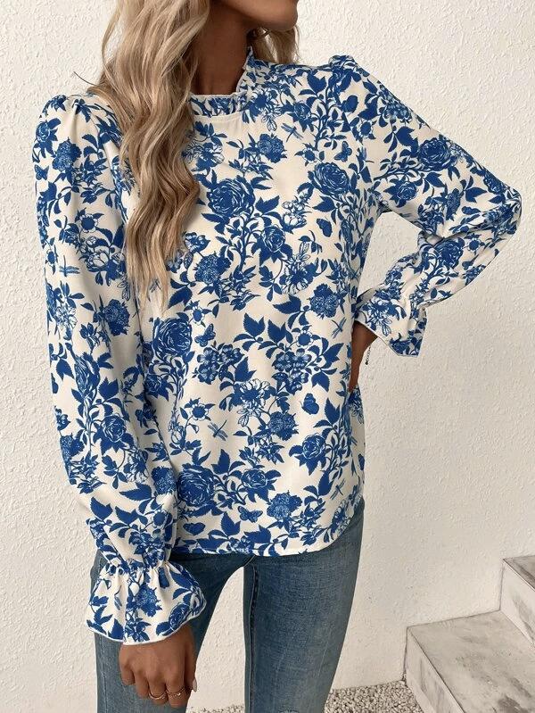 Lovja® - Vintage blauwe bloemenprint top