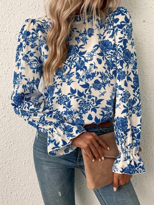 Lovja® - Vintage blauwe bloemenprint top