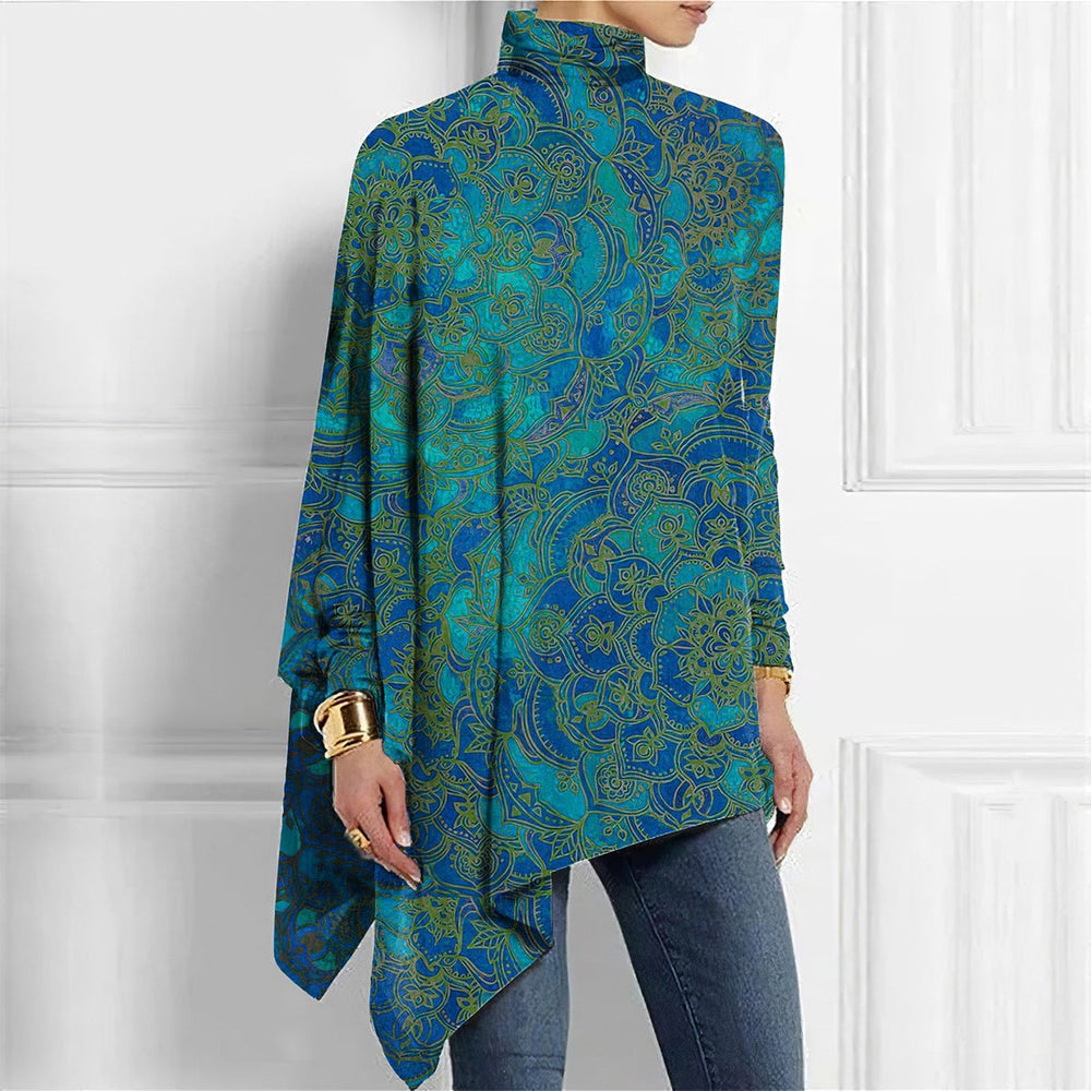 FallStil® - Paisley groen-blauwe ombre top met opstaande hals