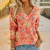 SpringStil® - Boho zomerbloem rode top met V-hals