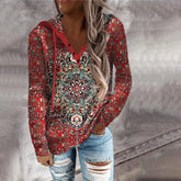 FallStil® - Rood Henley-sweatshirt met capuchon en lange mouwen met mandala-print