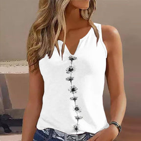 SpringStil® - Witte mouwloze tanktop met madeliefjes en ingekerfde halslijn