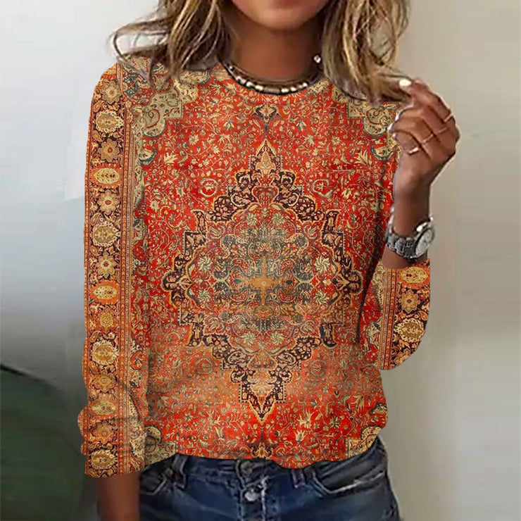 FallStil® - Geeloranje top met vintage print en lange mouwen