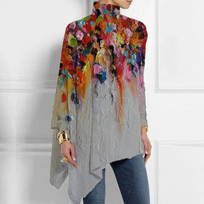 FallStil® - Asymmetrische top met bloemenaquarelprint en hoge halslijn