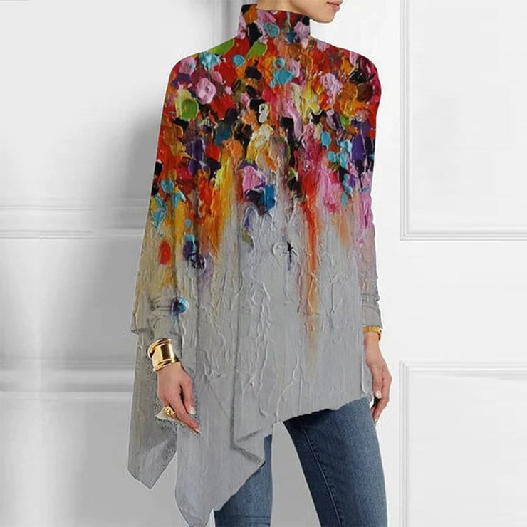 FallStil® - Asymmetrische top met bloemenaquarelprint en hoge halslijn