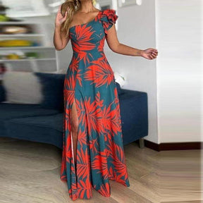 FallStil® - Maui oranje palmettoblauwe asymmetrische maxi-jurk met ruches