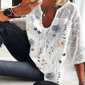 PureWear® - Witte top met geokant mesh en bloemenprint met ¾ mouwen