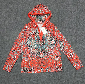 FallStil® - Rood Henley-sweatshirt met capuchon en lange mouwen met mandala-print