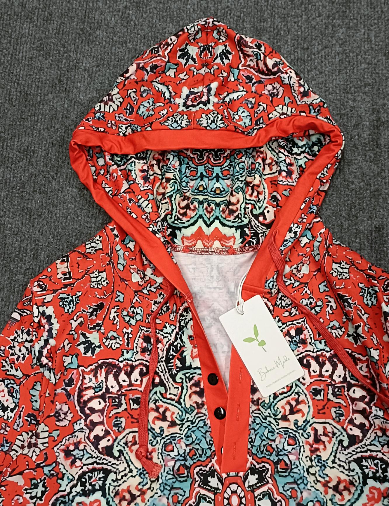 FallStil® - Rood Henley-sweatshirt met capuchon en lange mouwen met mandala-print