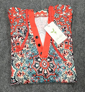 FallStil® - Rood Henley-sweatshirt met capuchon en lange mouwen met mandala-print