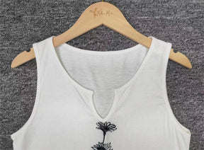 SpringStil® - Witte mouwloze tanktop met madeliefjes en ingekerfde halslijn