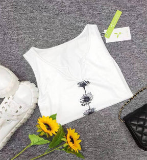 SpringStil® - Witte mouwloze tanktop met madeliefjes en ingekerfde halslijn