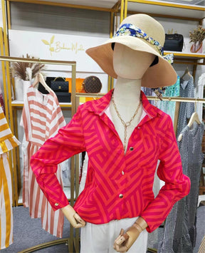 FallStil® - Roze en oranje blouse met zigzagstrepen en knoopsluiting