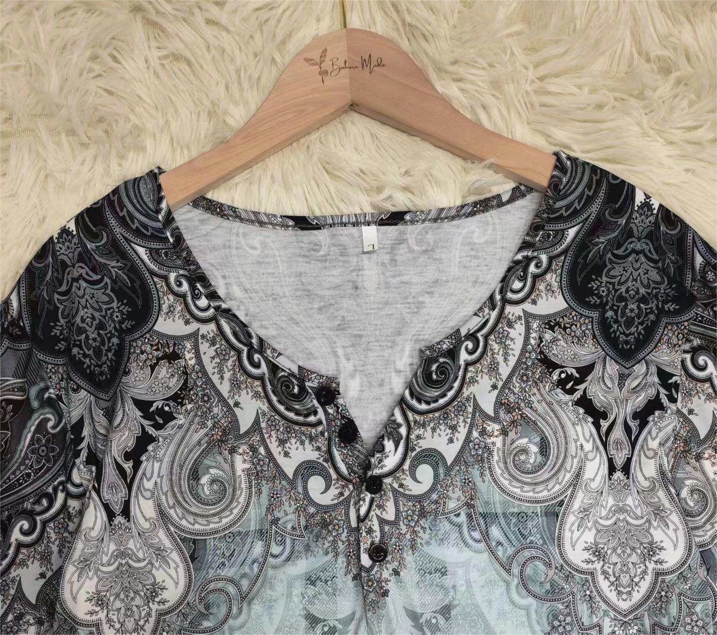 FallStil® - Blauwgrijze Oceanic Luxe top met V-hals en lange mouwen met print