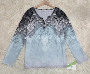 FallStil® - Blauwgrijze Oceanic Luxe top met V-hals en lange mouwen met print