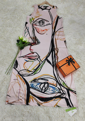 SpringStil® - Mouwloze maxi-jurk met abstracte kunst en abrikoos