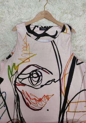 SpringStil® - Mouwloze maxi-jurk met abstracte kunst en abrikoos