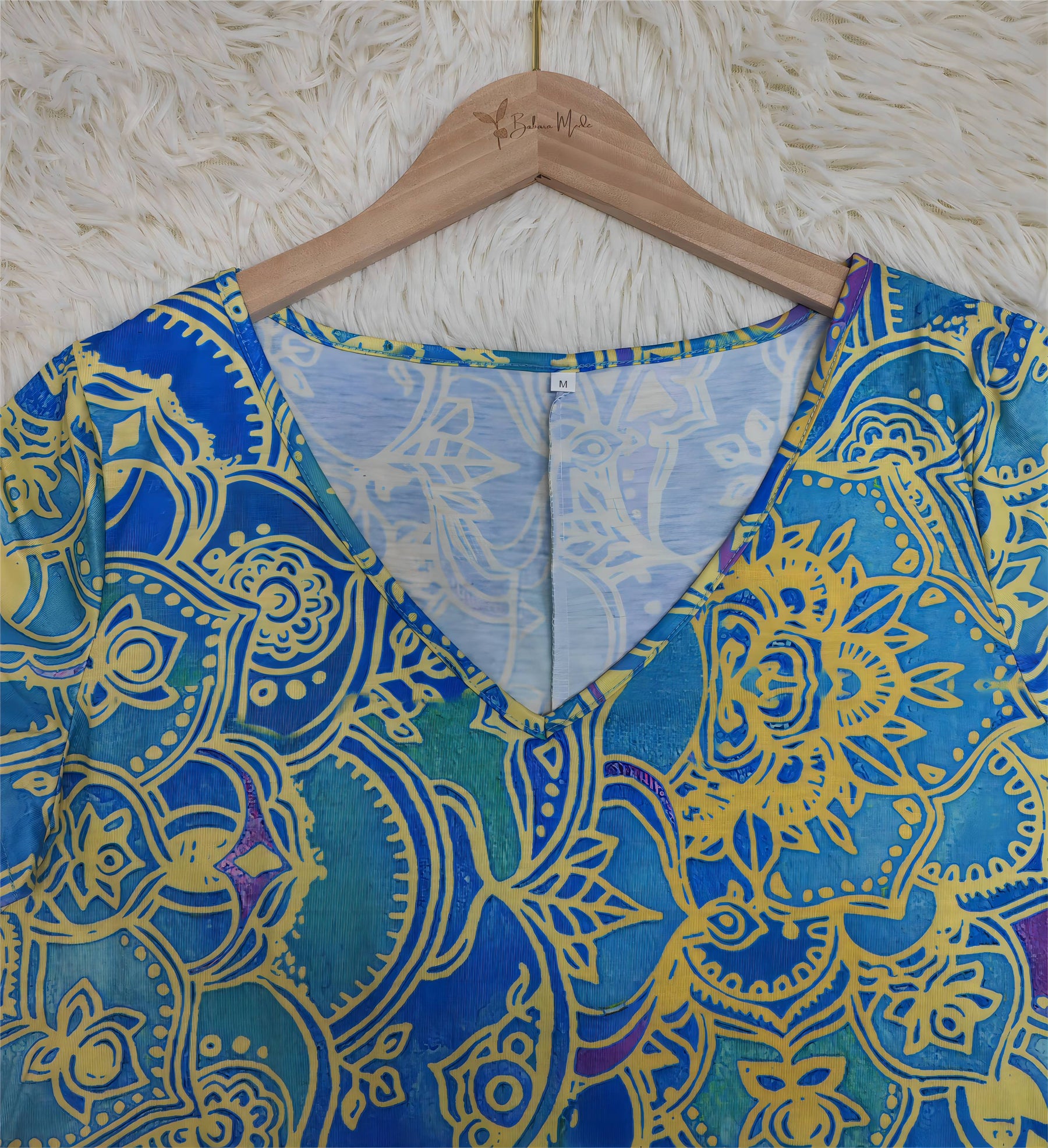 SpringStil® - Oceaanblauwe knielange mini-jurk met mandala-print en korte mouwen