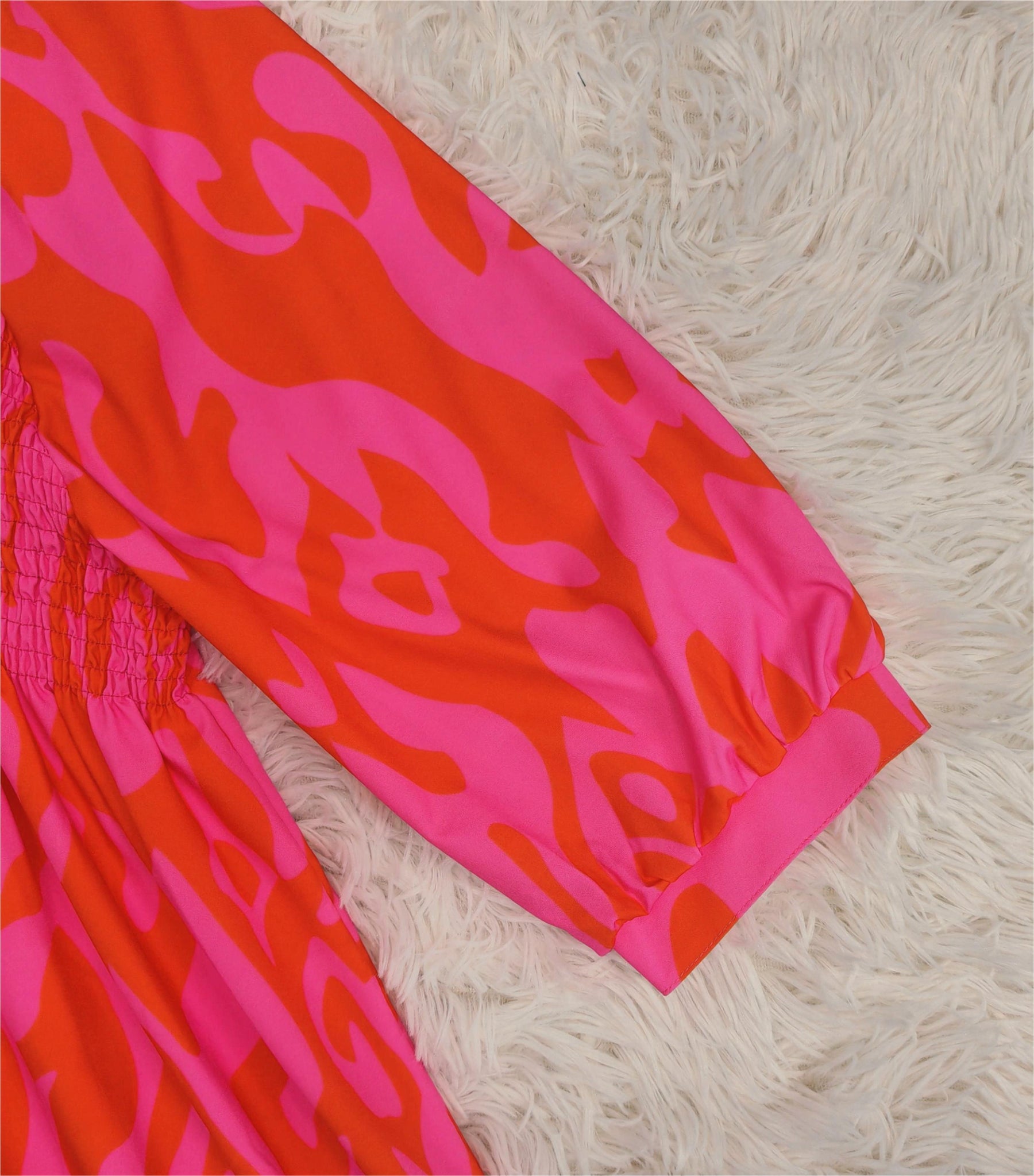 PureWear® - Roze en oranje midi-jurk met ruches en knopen