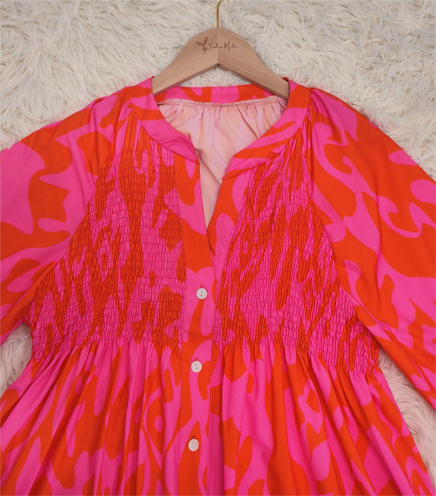 PureWear® - Roze en oranje midi-jurk met ruches en knopen