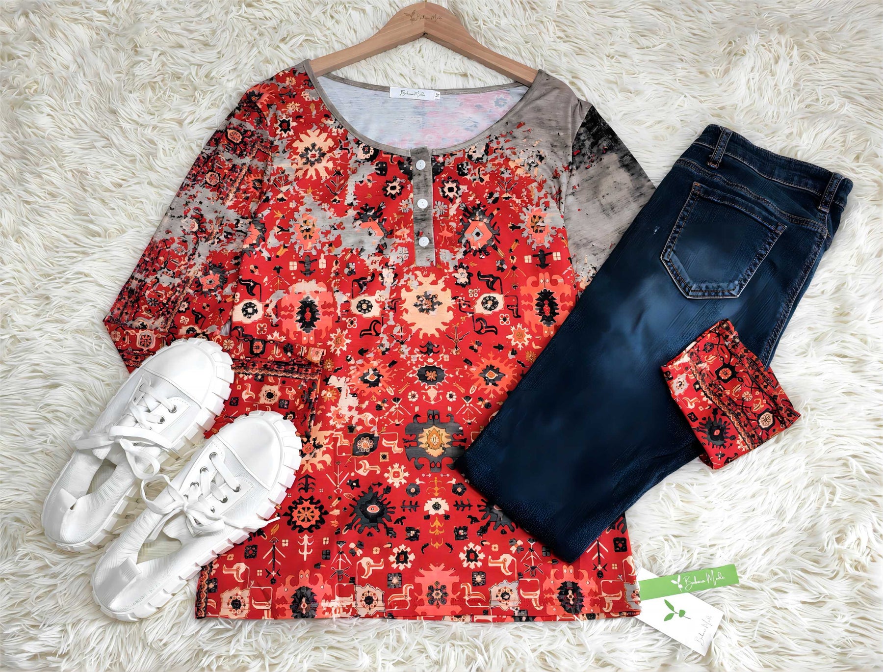 FallStil® - Retro herfsttop met Azteekse print en lange mouwen