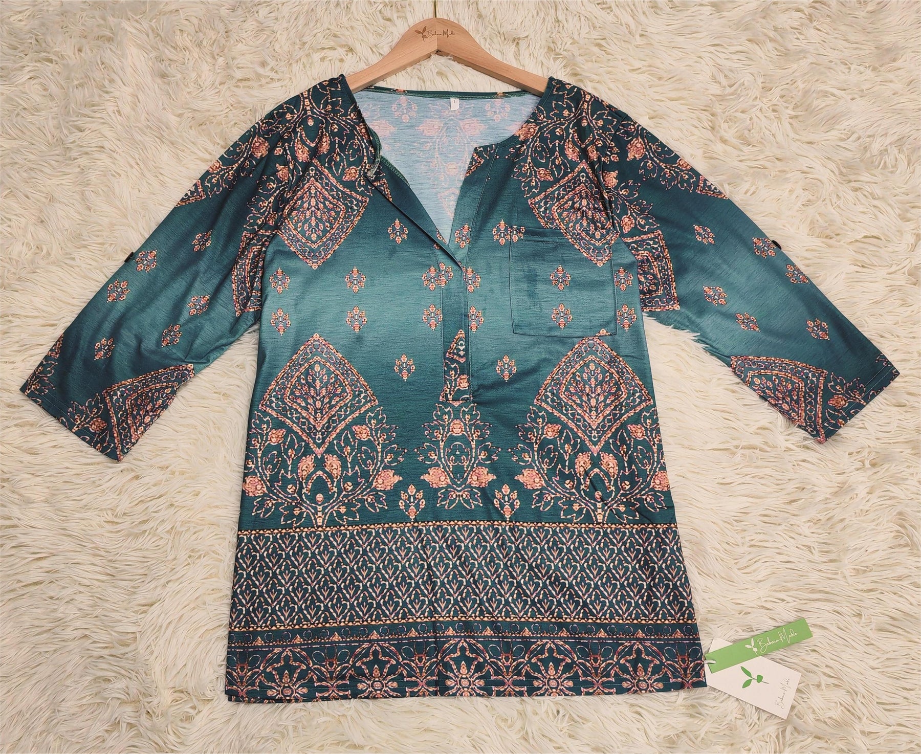 Even&amp;Vil® - Smaragdgroene saliegroene luxe tuniekblousetop met print