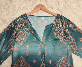 Even&amp;Vil® - Smaragdgroene saliegroene luxe tuniekblousetop met print