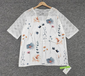 SpringStil® - Geolace mesh bloemenprint witte top met ¾ mouwen